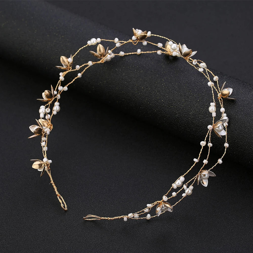 Gold/Silver Color Headbands Bride Hair Accessories Flower Pearl Crystal Hairbands Bridal Tiaras Headpiece Wedding Hair Jewelry