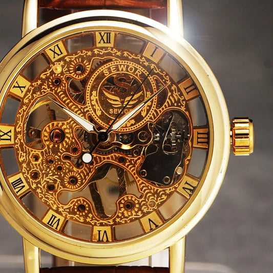 Casual New Fashion SEWOR Brand Skeleton Men Male Military Army Clock Classic Luxury Gold Mechanical Hand Wind Wrist Watch