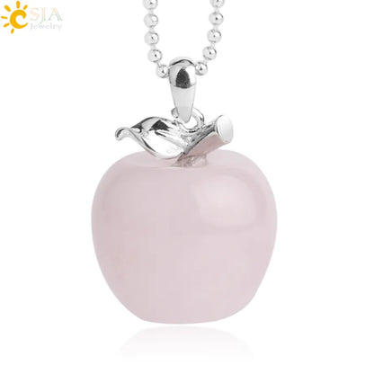 CSJA Apple Natural Stone Pendant Crystal Amethysts Pendants Rose Pink Quartz Necklaces Jewelry for Female Women Chrismtas G046