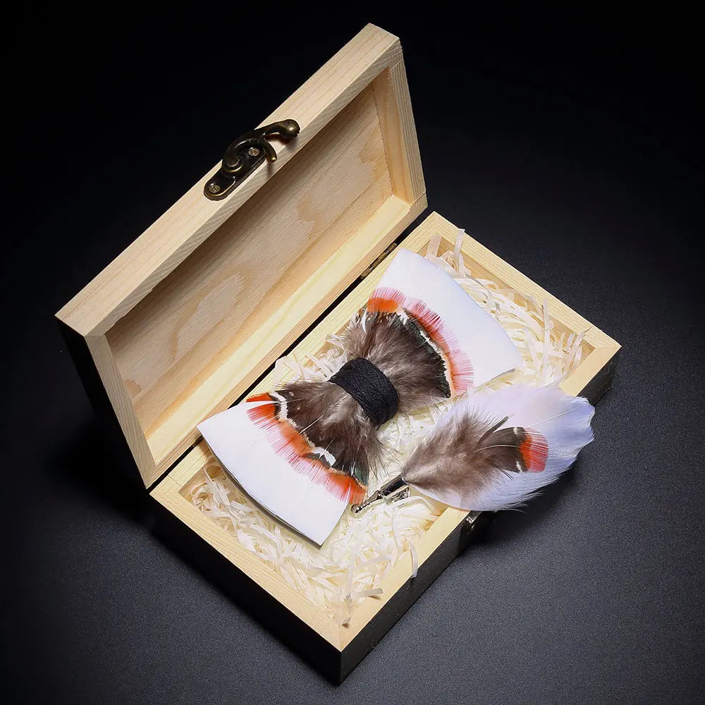 KAMBERFT Design Handmade Feather Bow Tie Brooch Wooden Box Set High Quality Men's Bowtie Leather Tie for Wedding Party Banquet