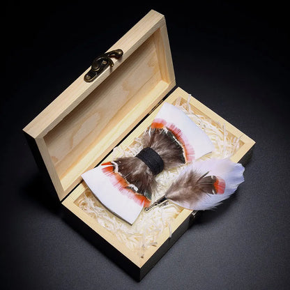 KAMBERFT Design Handmade Feather Bow Tie Brooch Wooden Box Set High Quality Men's Bowtie Leather Tie for Wedding Party Banquet