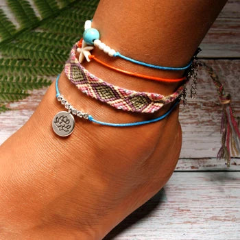 MOON GIRL Handmade Weave Bobo Lotus Anklet Set Fashion Starfish 4 Pieces Bohemian Chic Summer Bracelet Ankle for Women
