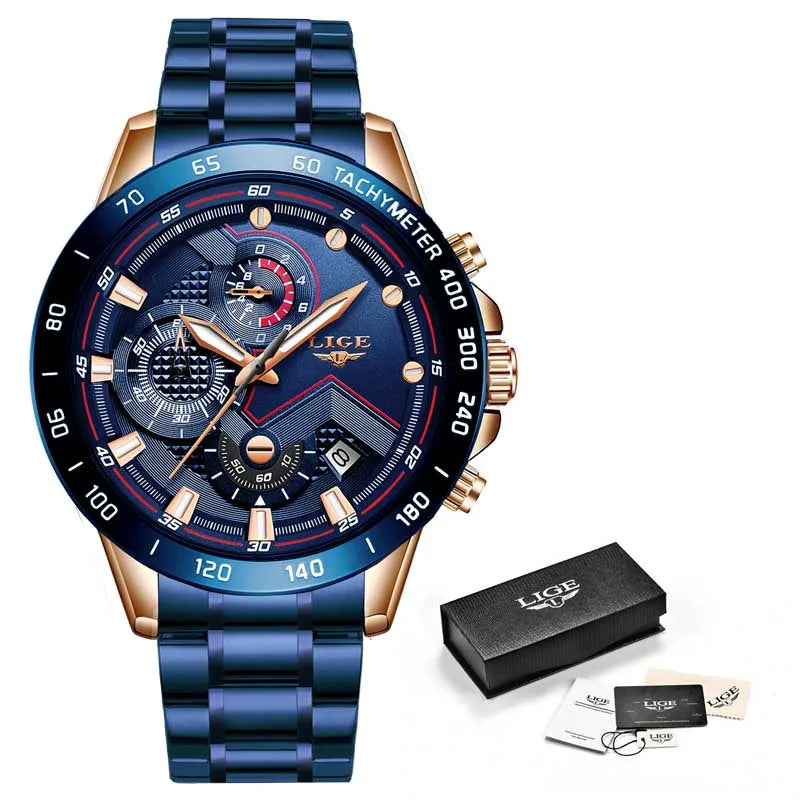 2022 LIGE New Blue Fashion Business Clock Mens Watches Top Brand Luxury All Steel Waterproof Quartz Gold Watch Relogio Masculino