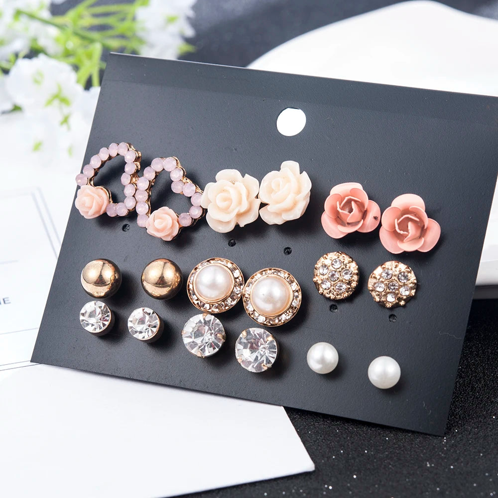 Crystal Simulated Pearl Earrings Set Women Jewelry Accessories Piercing Ball Stud Earring Kit Bijouteria Brincos
