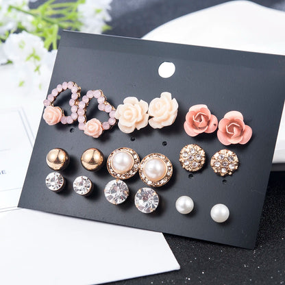 Crystal Simulated Pearl Earrings Set Women Jewelry Accessories Piercing Ball Stud Earring Kit Bijouteria Brincos
