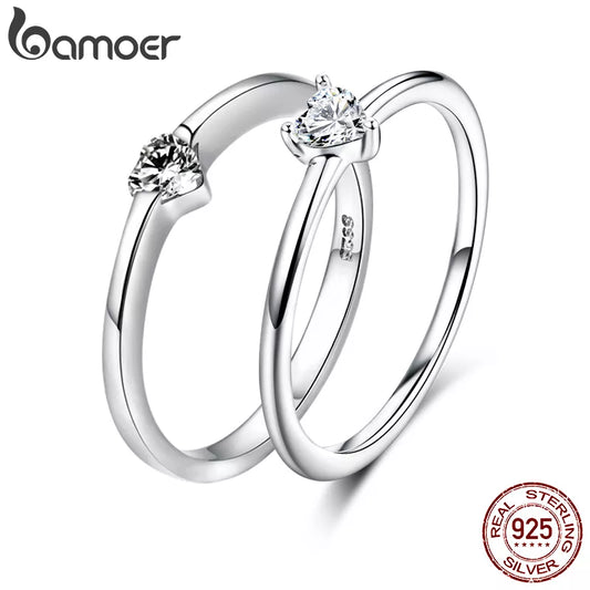 Bamoer 925 Sterling Silver Luminous Finger Ring Simple Heart Wedding Rings for Women Wedding Engagement Jewelry SCR450