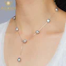 ASHIQI Real Pure 925 Sterling Silver Chain Pendant Necklace for Women 8-9mm White Gray Natural Freshwater Baroque Pearl Jewelry