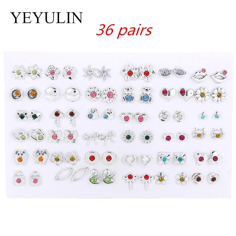 36Pairs/18pairs Earrings Mixed Styles Rhinestone Sun Flower Geometric Animal Plastic Stud Earrings Set for Women Girls Jewelry