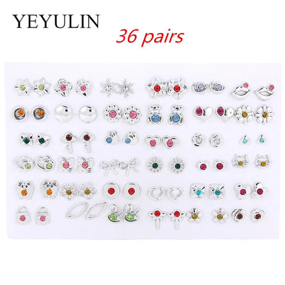36Pairs/18pairs Earrings Mixed Styles Rhinestone Sun Flower Geometric Animal Plastic Stud Earrings Set for Women Girls Jewelry