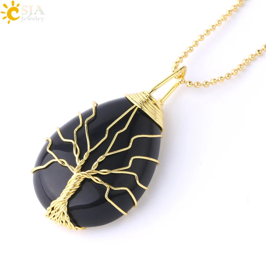 Tiger Eye Tree of Life Crystal Necklace Natural Stone Pendant Wire Wrap Rose Crystals Pink Quartz Amethyst Green Aventurine E585