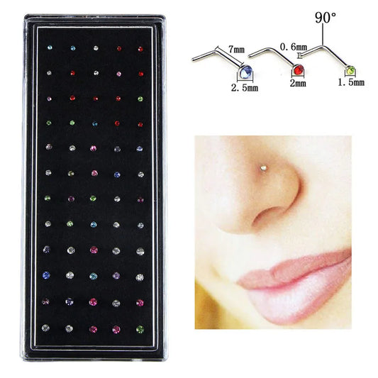 60 Pieces/Pack L Sheap Stainless Steel Crystal Nose Ring Set Women Girl Surgical Steel Nose Piercing Nose Stud Lot Body Jewelry