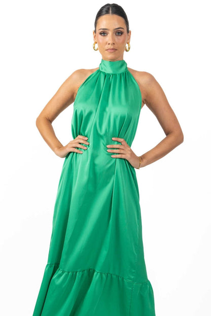 Nalory Satin Silk Backless Maxi Dress in Green