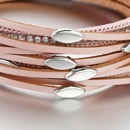 ALLYES Leaf Charm Pink Leather Bracelets for Women 2023 Fashion Crystal Chain Boho Multilayer Wrap Bracelet Femme Jewelry