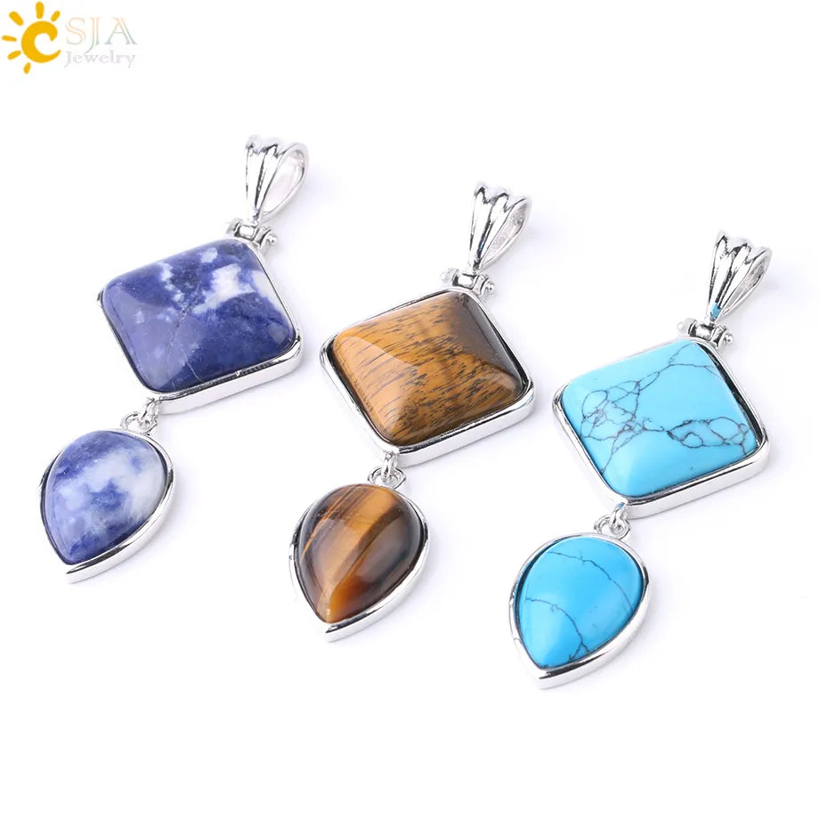 CSJA Natural Stones Pendant Crystal Square Water Drop Quartz Lapis  Lazuli Geometric Pendants for Necklaces Women Jewelry F814