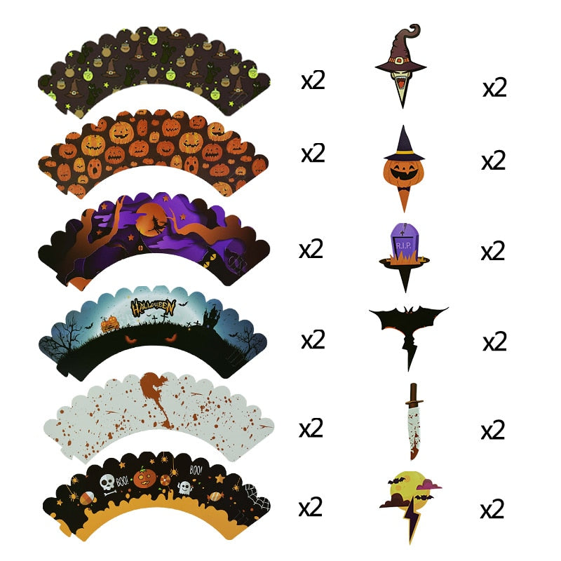 24/32 Pieces Halloween Cupcake Wrappers Pumpkin Spiderweb Bat Toppers Cupcake Kit for Halloween Party Cake Decoration Baking Cup