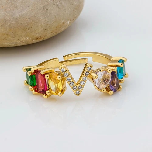 Adjustable A-Z Initial Ring Bohemian Copper Zircon  Rainbow Letter Rings for Women Girls Party Wedding Jewelry