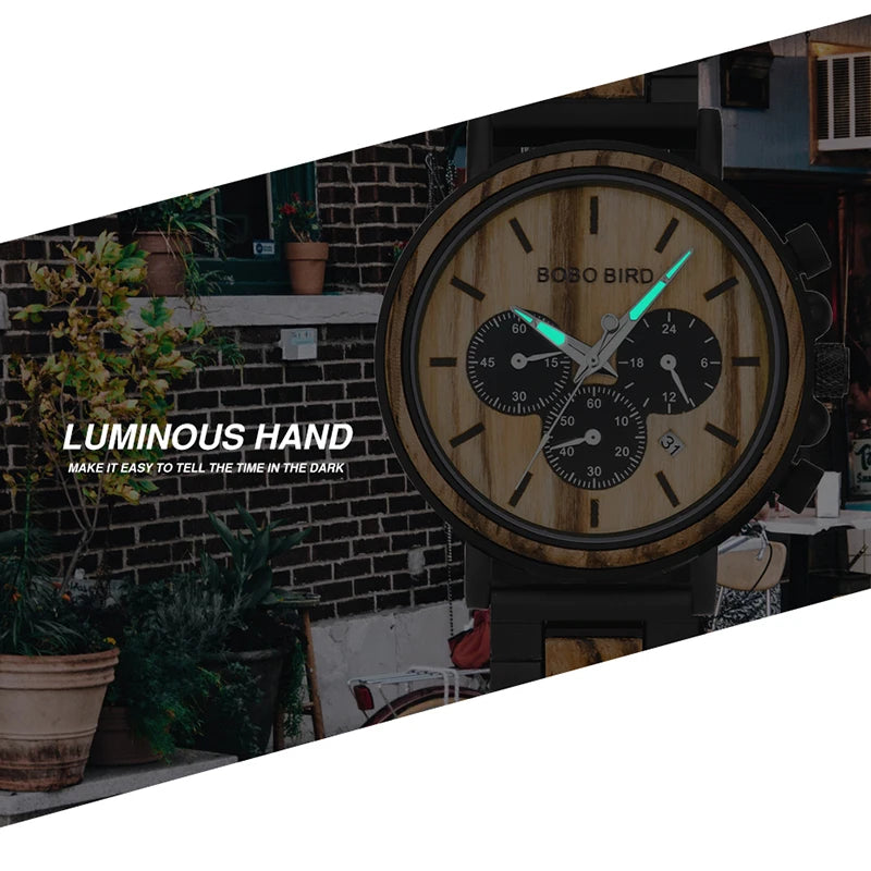BOBO BIRD Wooden Men Watches Relogio Masculino Top Brand Luxury Stylish Chronograph Military Watch Great for Man OEM