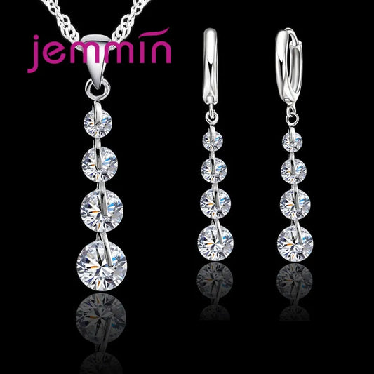 Romantic 925 Sterling Silver  Link Chain Crystal Pendant Necklace Jewelry Set for Women Earrings Wedding Jewelry Sets