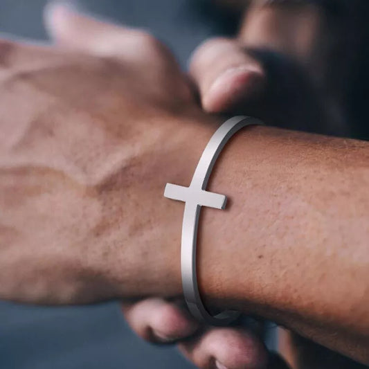 Silverly Cross Cuff Bracelet Stainless Steel Sideways Cross Bracelet Open Cuff Bangle for Men Unisex Jewelry