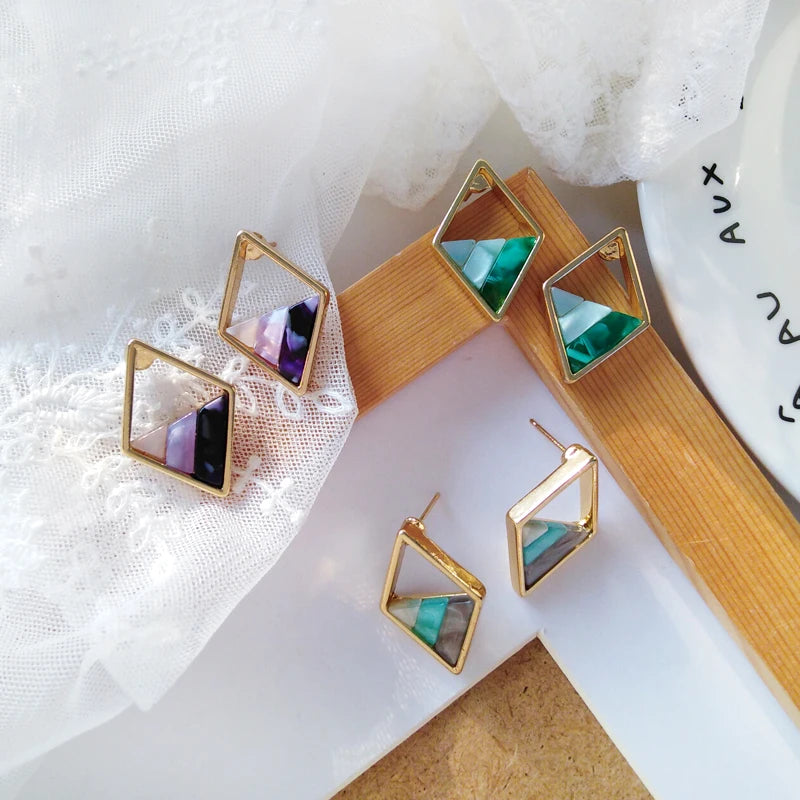 Contracted Lozenge Color Contrast Color Earrings Female Fashion Lady Geometric Hollow Out the Triangle Stud Earrings Earrings