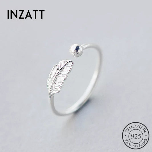 INZATT Authentic 925 Sterling Silver Cute Feather Adjustable Ring Fine Jewelry for Women Party Elegant Accessories