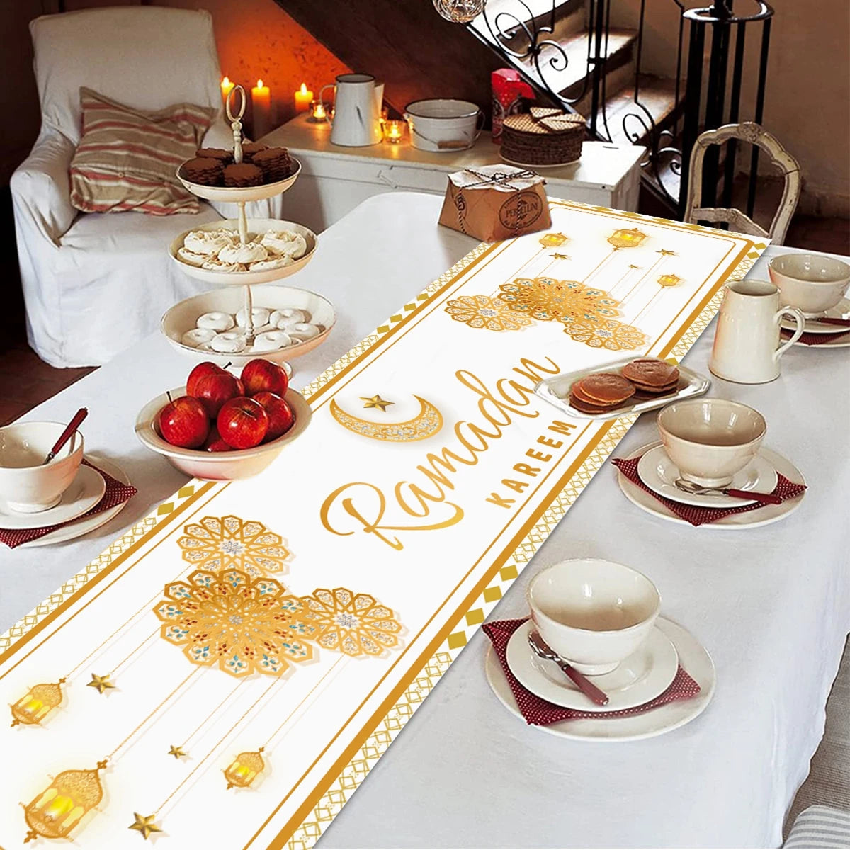 Ramadan Decor Table Runner EID Mubarak Decoration 2024 for Home Tablecloth Ramadan Kareem Islamic Muslim Party Eid Al Adha