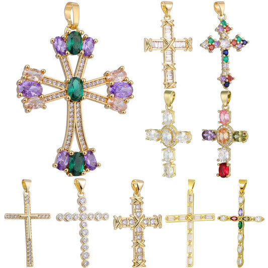 Juya Handmade 18K Real Gold Plated Cubic Zirconia Christian Cross Charms for Christmas Religious Rosary Pendant Jewerly Making