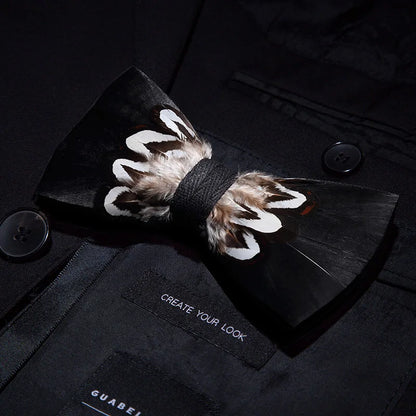 KAMBERFT Designer Brand Handmade Feather and Leather Pre-Tied Bow Tie and Brooch Sets for Men Wedding Party Best Cravate