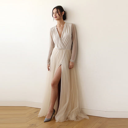 Champagne Wrap Tulle Gown With Long Chiffon Sleeves and Slit 1174