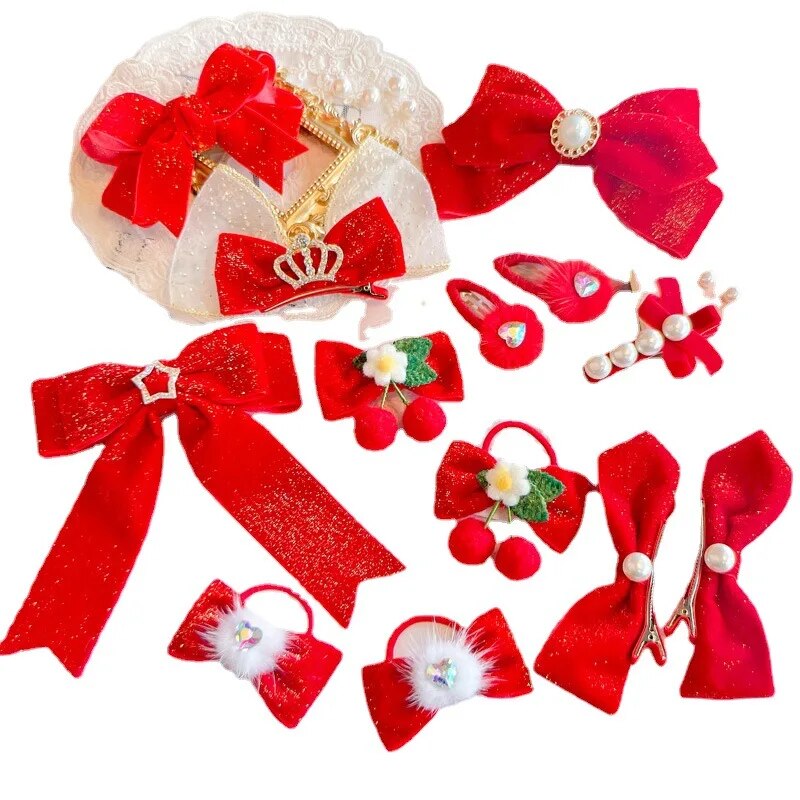 Red Golden Velvet Bow Hair Ornament Baby Hair Circles Pins Christmas New Year Ko