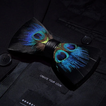KAMBERFT Designer Brand Handmade Feather and Leather Pre-Tied Bow Tie and Brooch Sets for Men Wedding Party Best Cravate