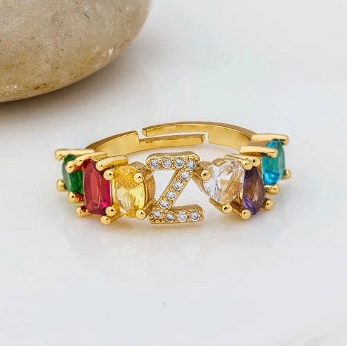 Adjustable A-Z Initial Ring Bohemian Copper Zircon  Rainbow Letter Rings for Women Girls Party Wedding Jewelry
