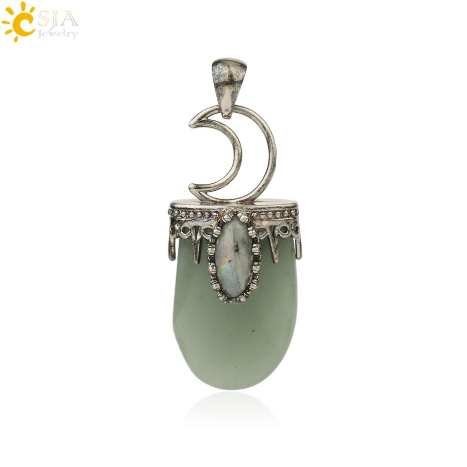 CSJA Natural Stone Crystal Pendants Necklace Antique Silver Color Purple Pink Quartz Necklace Jewelry Crown Moon Charm G274