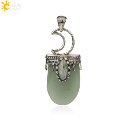 CSJA Natural Stone Crystal Pendants Necklace Antique Silver Color Purple Pink Quartz Necklace Jewelry Crown Moon Charm G274