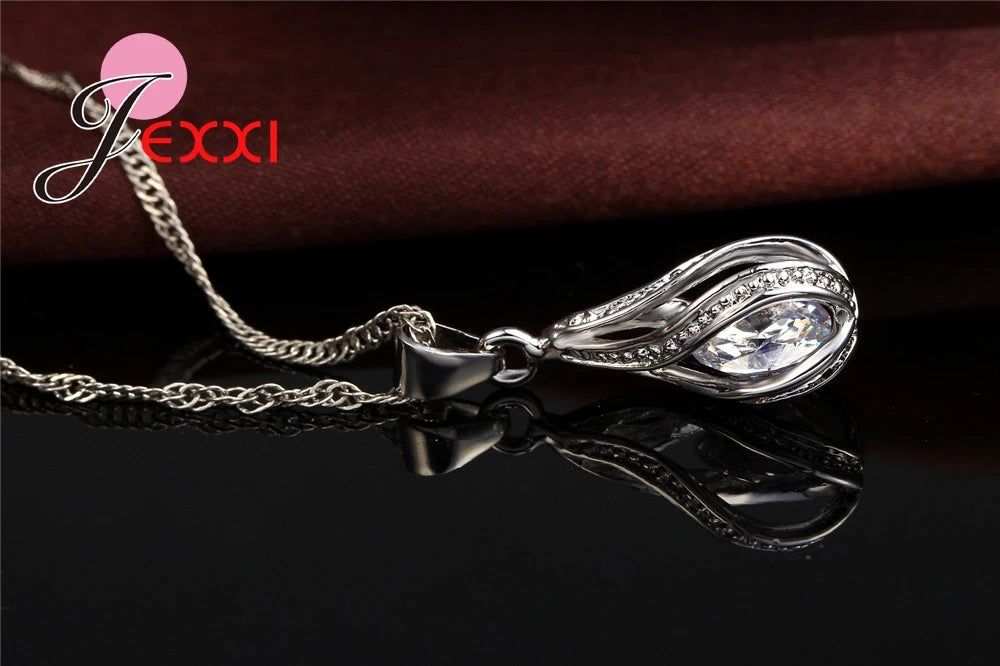 8 Colors Best for Women Girls Friends 925 Sterling Silver Jewelry Set CZ Cubic Zircon Water Drop Necklace Dangle Earrings