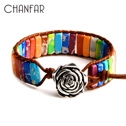 7 MultiColor Chakra Natural Stone Bracelet Bohemia Handmade Tube Beads Leather Wrap Bracelet Yoga Bracelets for Woman