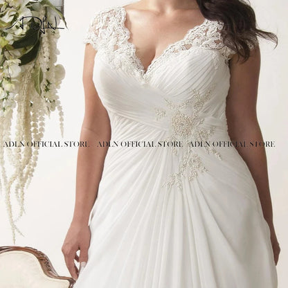Elegant Plus Size Wedding Dresses V-Neck Cap Sleeves Robe De Mariage Sweep Train Appliqued Open Back Chiffon Bridal Gown
