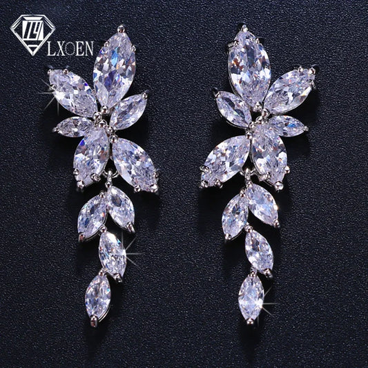 LXOEN Marquise Cut Flower Zirconia Crystal Long Drop Earrings for Women Shiny Leaf CZ Stone Bridal Wedding Jewelry