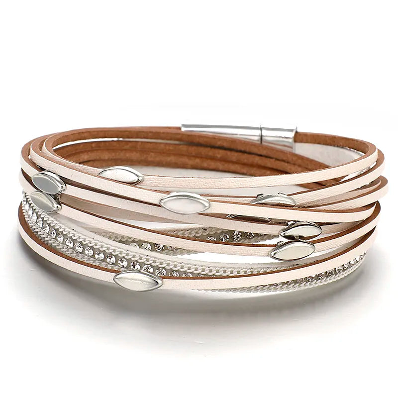 ALLYES Leaf Charm Pink Leather Bracelets for Women 2023 Fashion Crystal Chain Boho Multilayer Wrap Bracelet Femme Jewelry