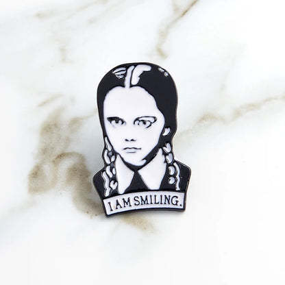 Adams Family Brooch I Am Smiling Wednesday Enamel Pin Hard Lapel Pins Figure Girl Broche Jewelry Accessories Punk Fun