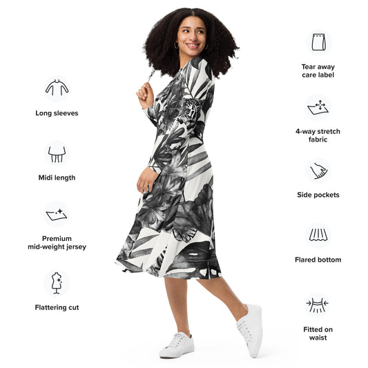 TIGER PRINT-All-over print long sleeve midi dress