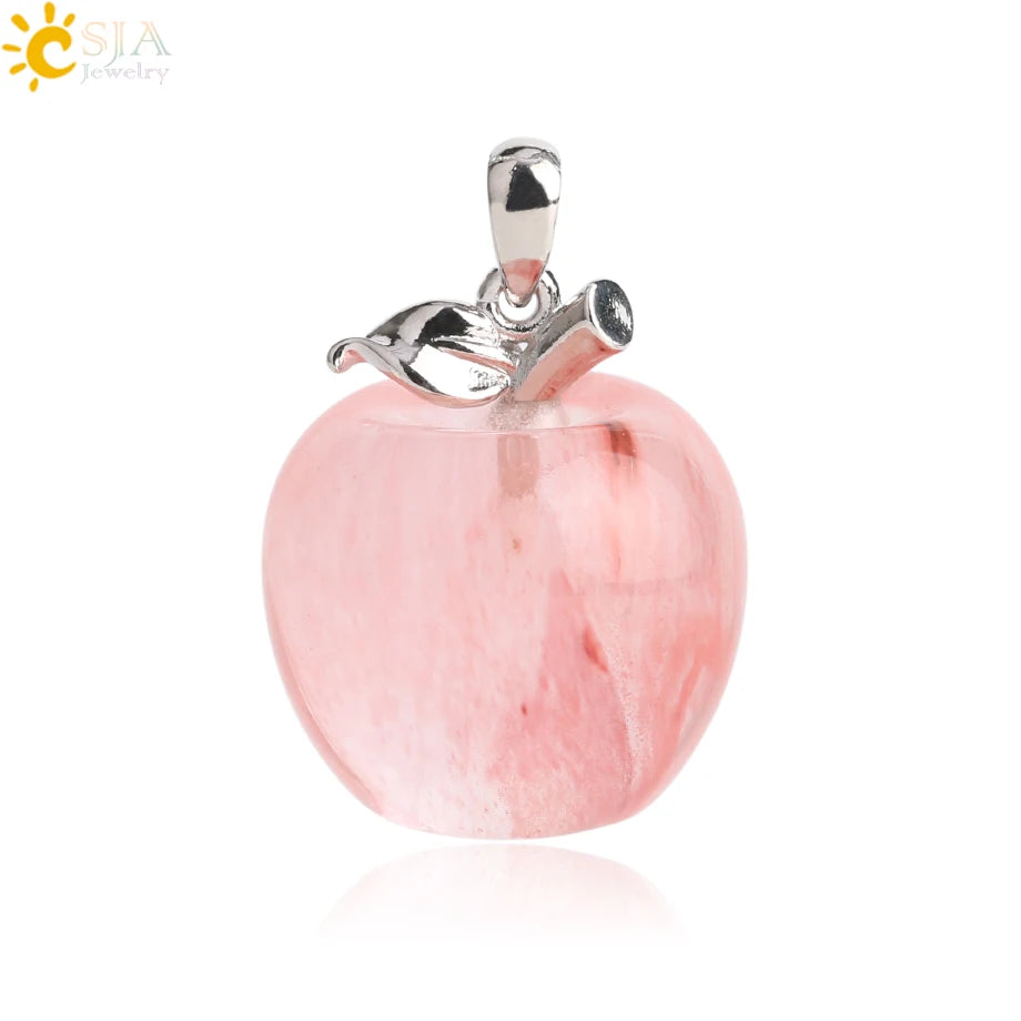 CSJA Apple Natural Stone Pendant Crystal Amethysts Pendants Rose Pink Quartz Necklaces Jewelry for Female Women Chrismtas G046