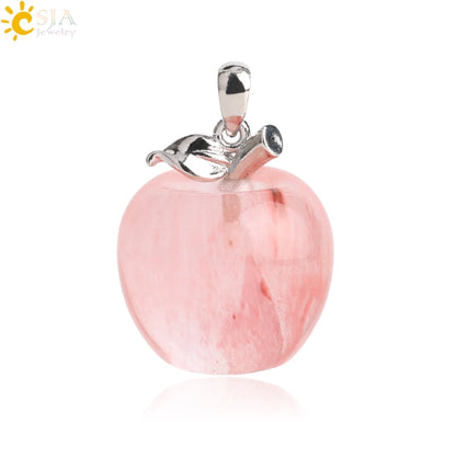 CSJA Apple Natural Stone Pendant Crystal Amethysts Pendants Rose Pink Quartz Necklaces Jewelry for Female Women Chrismtas G046