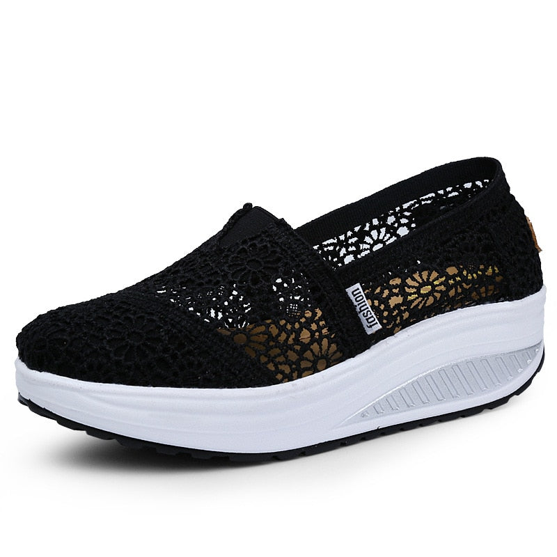 Women Toning Shoes Lace Breathable Swing Shoes Platforms Slip on Casual Shoes Female Slimming Wedge Sneakers