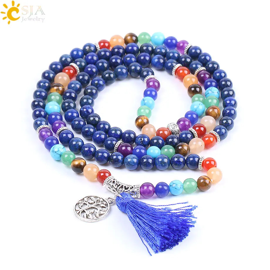 CSJA Women Maxi Long Necklace Natural Mala Gem Stone Bead Tassel 7 Chakra Tiger Eye Pink Quartz Howlite Reiki Boho Necklace E590