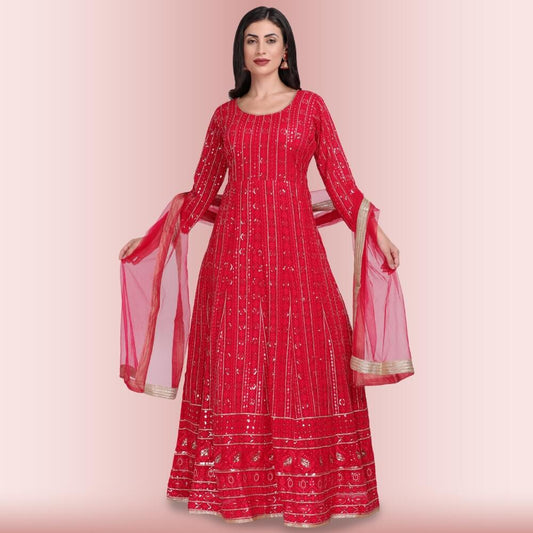 Sequin and Resham Work Anarkali Gown Dress - Red