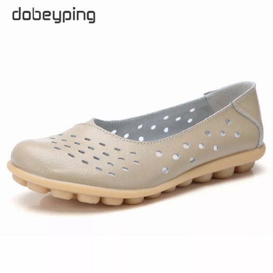 Dobeyping Leather Women Flats New Cut-Outs Summer Shoes Woman Hollow Women's Loafers Female Solid Shoe Large Size 35-44