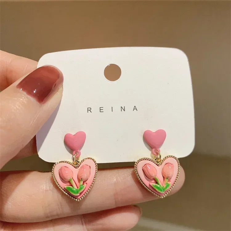 Korean Jewelry Fresh Cute Hook Drop Oil Flower Stud Earrings Crystal Earring for Women