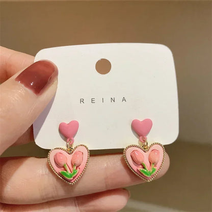 Korean Jewelry Fresh Cute Hook Drop Oil Flower Stud Earrings Crystal Earring for Women