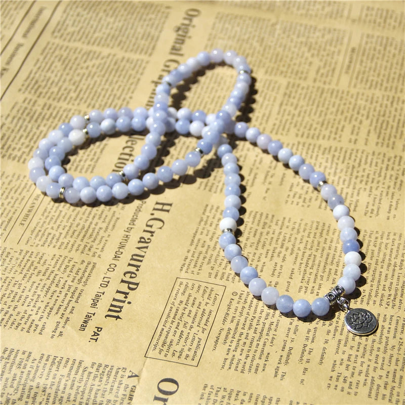 108 Mala Aquamarines With Lotus OM Buddha Charm Yoga Bracelet or Necklace for Me Women Blue Natural Stone Jewelry